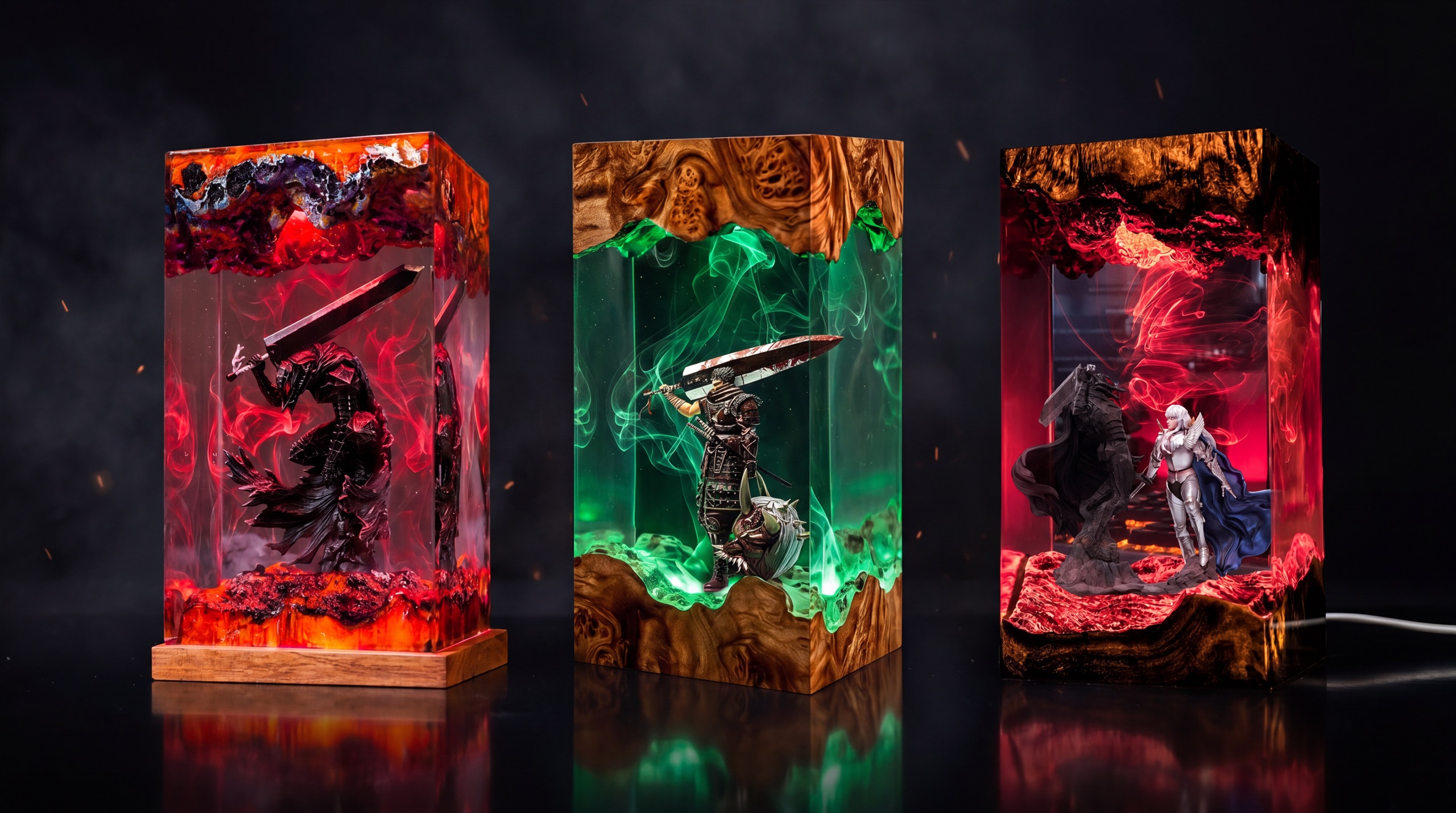 The AlexForge resin lamps glowing in the dark