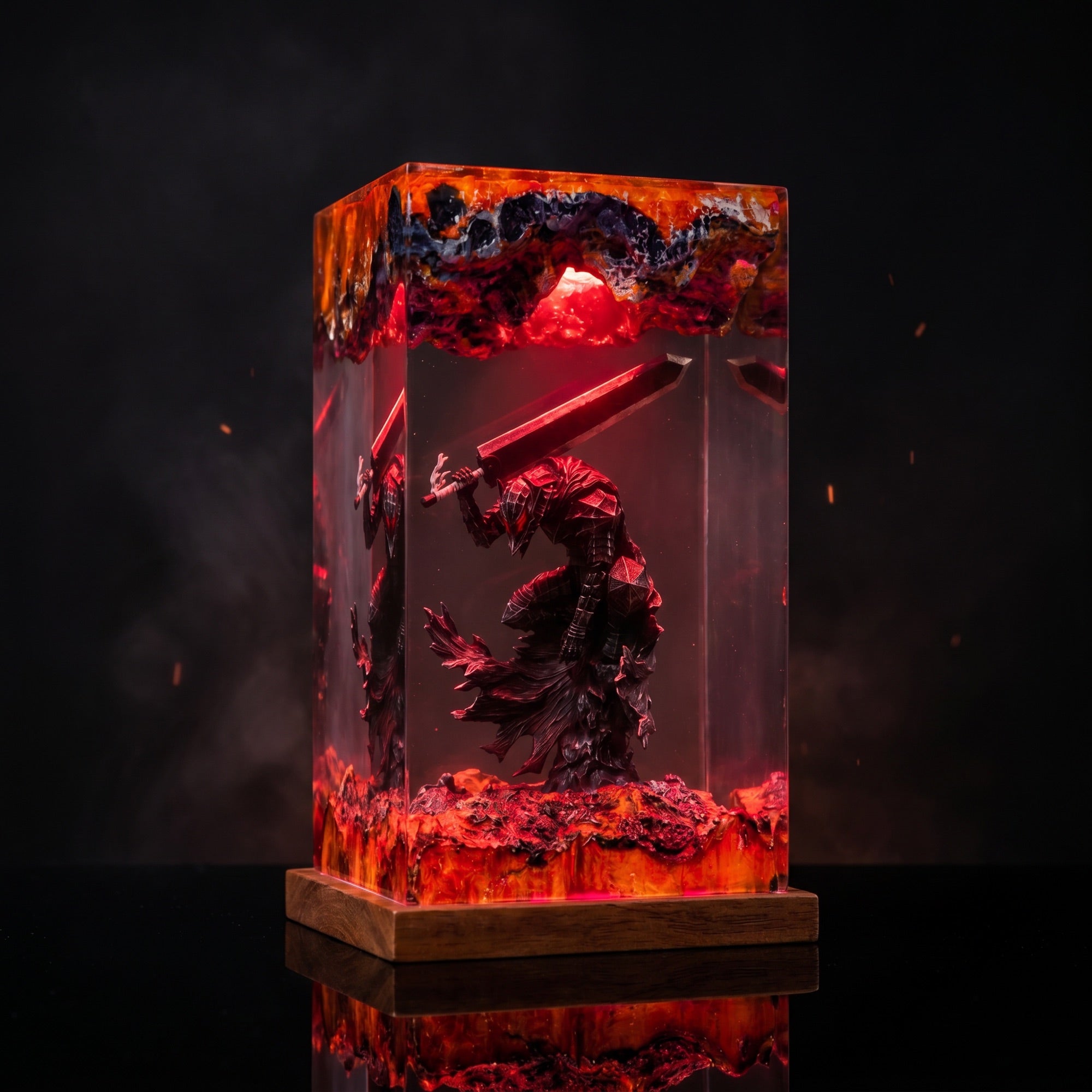 Berserker-Armor Guts resin lamp lit in an ambient dark room