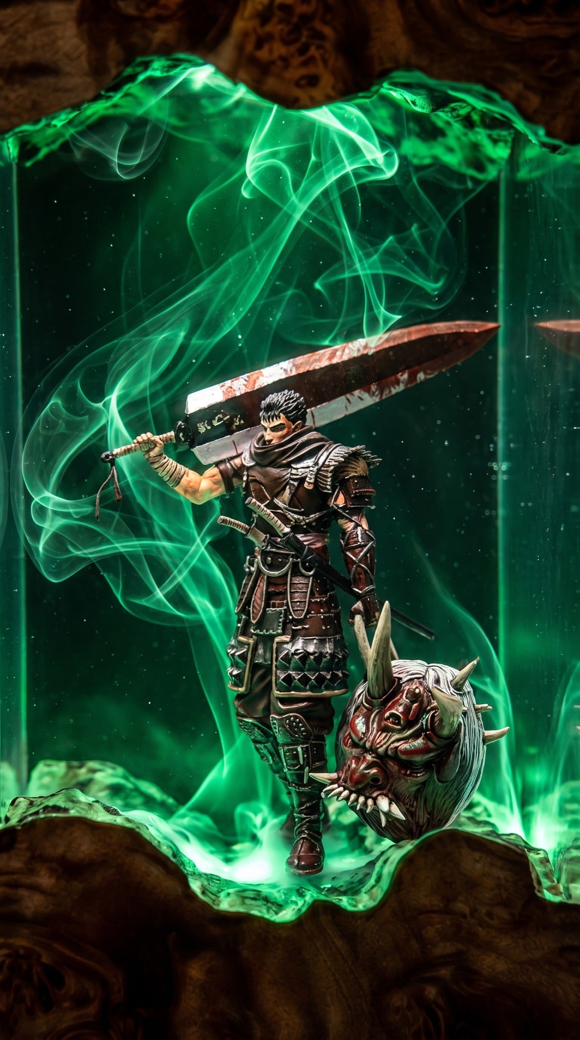 Macro detail of the black swordsman figure in resin