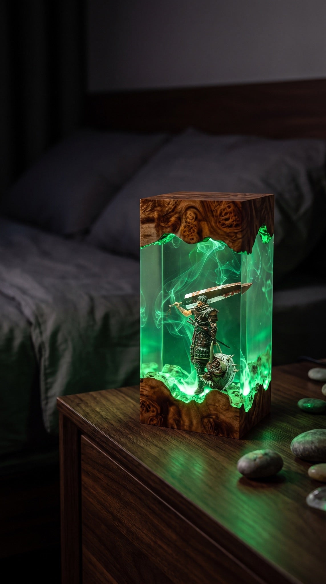 Black Swordsman lamp lit on a bedside nightstand