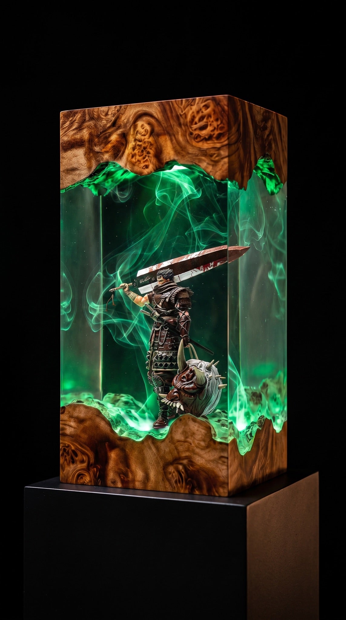 Black Swordsman Guts resin lamp on a pedestal
