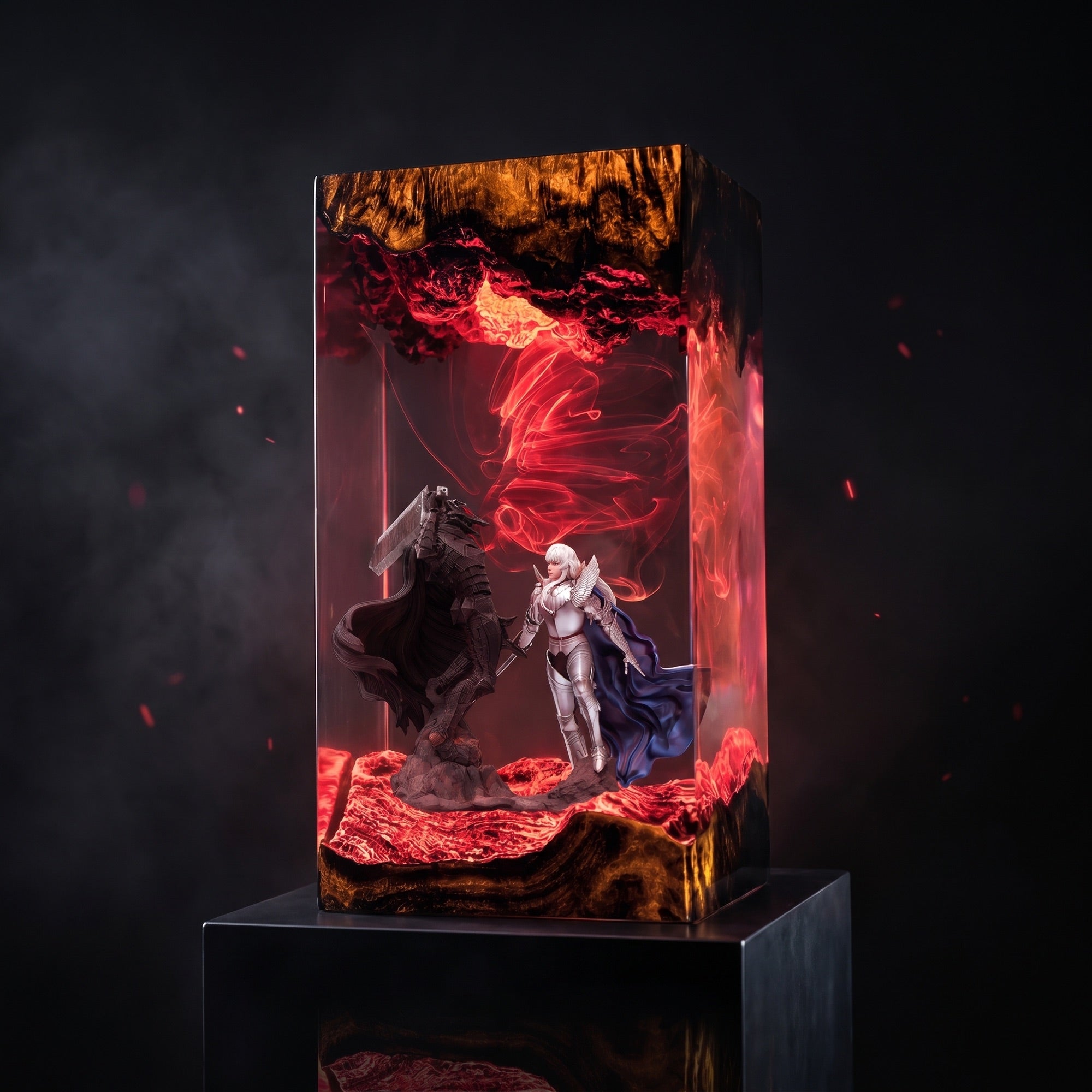 Guts vs Griffith duel resin lamp lit in an ambient dark room